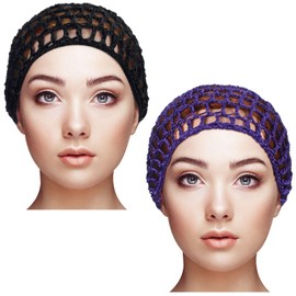Geyoga 2 Pieces Mesh Crochet Hair Net Rayon Knit Snood Hat Cover Crocheted Sleep Cap for Women (Black, Purple)