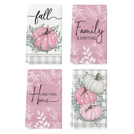Artoid Mode Pink Buffalo Plaid Polka Dot Pumpkin Fall Kitchen Towels Dish Towels, 18x26 Inch Eucalyptus Leaves Decoration Hand Towels Set of 4