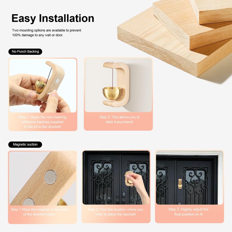 Door Chime Bell 2 Pack, Magnetic Beech Wood Shopkeepers Bell