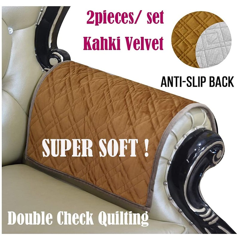 ZUODO Sofa Armrest Slipcovers Velvet Non-Slip Plaid Quilted Yellowish Brown