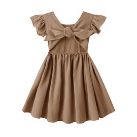 Dutebare Kid Little Girl Ruffle Dress Cotton Linen Backless Casual Summer Dresses 823 Brown 90