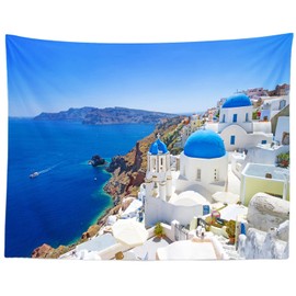 Loccor Greece Santorini Island Tapestry Greek Oia Village Building Blue Coastline Wall Tapestry Europe Landmark Wall Hanging Aegean Sea View Wall Art for Living Room Bedroom Dorm Home Decor 60x40inch