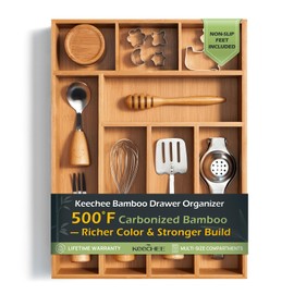 Carbonized Bamboo Kitchen Drawer Organizer, 8 Slots Silverware Organizer, Utensil Holder & Cutlery Tray, 2.2" Deep for Extra Capacity, Non-Slip Feet Included.