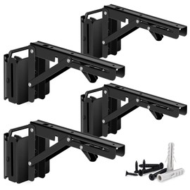 E Track Folding Fixed Shelf Brackets Black 8 inch 4 Pcs Heavy Duty Metal DIY E-Track Collapsible Shelf Hinge Etrack Accessories for Work Bench Table Counter in Garage, Enclosed Trailer, Truck,Workshop