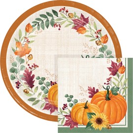 Trendware Harvest Wishes Cornucopia Thanksgiving Paper Plates & Napkins Set, Serves 16, Decorative 9" Plates & 7" Dessert Plates, Disposable Plates Napkins with Pumpkin Harvest Design for Fall Parties