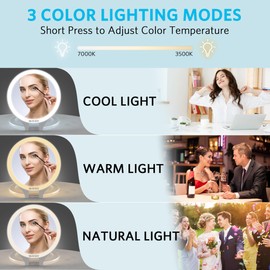 WEILY Magnifying Mirror with Light, 10X/1X Magnification Double-Sided Travel Makeup Mirror, with 3 Color Lights, Touch Control, Rechargeable Portable Mirror for Bedroom, Bathroom (White)