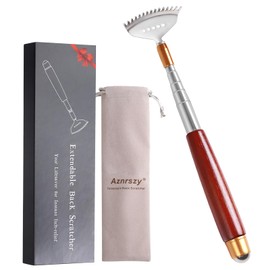 Aznrszy Extendable Back Scratcher with Massage Roller High-Quality Telescopic Rod Stainless Steel with Wooden Handle up to 61 cm for Scratching the Head, Back and Full Body