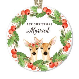 DIGIBUDDHA 1st First Christmas Married Gift Ornament Cute Deer Couple Newlywed Husband Wife Bridal Shower Wedding Present Holly Wreath Ceramic Holiday Keepsake 3" Flat Porcelain with Ribbon & Free Box