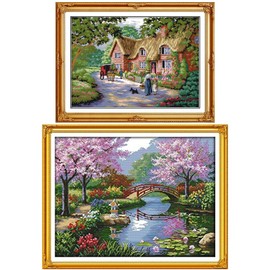 VEGCOO 2 Pack Counted Cross Stitch Kits, DIY Needlecrafts Handmade Embroidery Kit, DIY Hand Needlework Kit for Beginners (B)