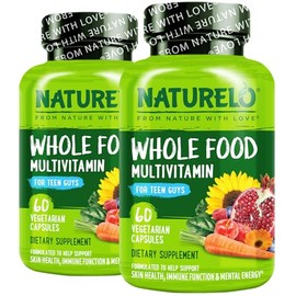 Teen Multivitamin NATURELO - Whole Food Multivitamin for Teenage Boys - Minerals Supplement for Active Kids - with Plant Extracts - Non-GMO - Vegan & Vegetarian - 60 Capsules (Pack of 2)