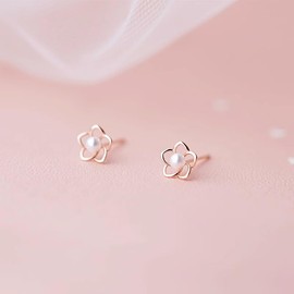 Small Pearl Flower Earrings Studs for Women Unique Petite Flower Studs Earrings (Rose gold, One size)