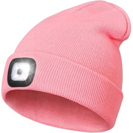 Mr. Gadget's Solutions LED Beanie Hat with Light,Unisex Hands Free 4 LED Headlamp Cap Winter Knitted Night Lighted Hat for Women Men Hiking, Biking, Camping,Walking (Pink)