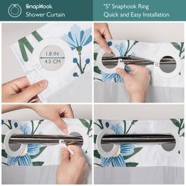 Lagute SnapHook Floral Shower Curtain with Snap-in Liner for Bathroom| No Hook Needed| Mesh Top Window| Machine Washable| Hotel Grade| 71Wx74L，Blue Bouquet