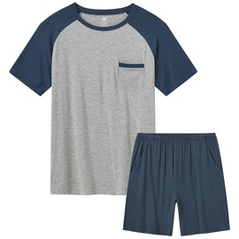 MoFiz Mens Pajama Set Short Sleeve 2 Piece Sleep Bottom Lounge Shorts Knit Solid Modal Night Suit with Pockets PJ's Sleep for Men Sets Size M Blue