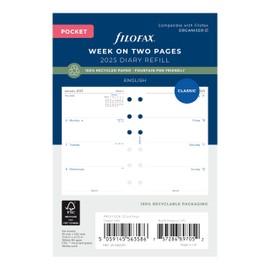 Filofax Calendar Diary Refill, Pocket Size, Week-to-View, White Paper, Unruled, English, 2025 (C68221R-25)