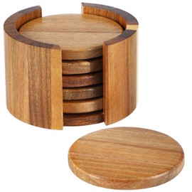 LemonRoad Set of 7 Acacia Wood Coaster Stand Set 6 Round 3.6'' Coasters with 1 Holder Dark Brown Rustic Wooden Drink Coaster for Coffee Table, Bar, Kitchen, Home Decor and Housewarming Gift