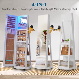 WOOVIVS LED Mirror Jewelry Cabinet Standing, 360° Swivel Jewelry Armoire, Full Length Mirror with Storage, Lockable Jewelry Organizer with Adjustable LED Lights for Bedroom (A-White)