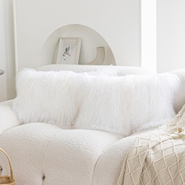 ROSE FEATHER Real 100% Tibetan Mongolian Lamb Sheepskin Wool Fur Super Soft Plush Leather Pillowcase Cushion Cover,White 12x20 Inch Set of 2