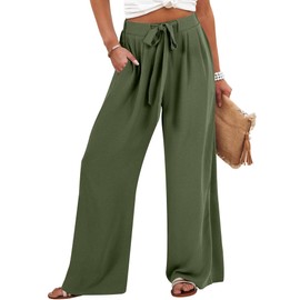 Caracilia Women Wide Leg Palazzo Pants Summer High Waist Flowy Casual Trousers Loose Lounge Beach Travel Vacation Clothes Dark Green X-Large
