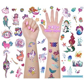 Glitter Mermaid & Unicorn Temporary Tattoos for Kids, 24 Sheets Girls Waterproof Fake Tattoos Stickers Kit 240+Pcs, Ideal for Slumber & Birthday Party Supplies, Themed Parties Favors, Gifts, Goodie Bags Fillers