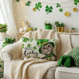 AACORS St.Patricks Day Pillow Cover 12x20 Inch Cat Clover Lucky Decorative Pillow Case Holiday Decorations for Home Sofa Couch (Green) AA676-12