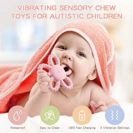 VViN Vibrating Sensory Chew Toy - Teething Toys for Baby for Infants 12-24 Months & Chewy Sensory Toys for Autistic Children - Safe & Soothing Teether for Special Needs Kids - Pink