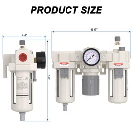 AIRZOE 3/4” NPT Air Compressor Filter, Regulator and Lubricator Combos FRL - Water Oil Trap Separator AC4000-06, 5 Micron Brass Element, Semi-auto Drain, 0-150 psi Gauge