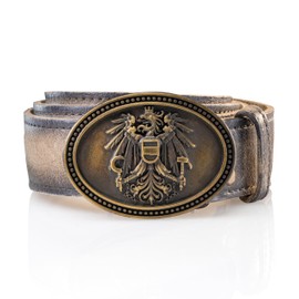 Schöneberger Trachten Couture Men's Costume Belt Austria, Lederhosen Belt with Austria Eagle Buckle, Leather Belt Made of Wild Buck Leather, Falco, Sand Brown
