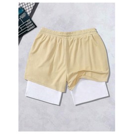 VIPWOLF Men's 2 in 1 Drawstring Waist Athletic Shorts Cross Graphic Running Shorts with Liner Brown Medium