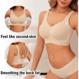 PoseFree Bras for Women Non Wired Bra Full Coverage - Wireless Seamless Support Bra Soft Padded Comfort for Everyday Wear, Back Smoothing Shaping Nude XL