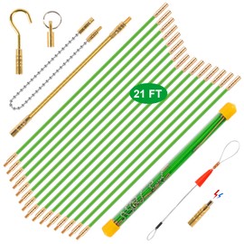 21FT Fiberglass Running Electrical Wire Cable Pulling Fish Tape Kit, Bright Green Glow Rods Fish Tape Rod Pull Push Tool Electrical Fish Tape with 7 Different Attachments in a Carrying Case