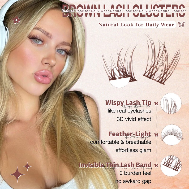 Brown Lash Clusters Natural Invisible Band Eyelash Clusters Wispy Brown