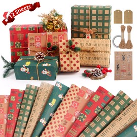 Hianjoo 12 Sheets Christmas Wrapping Paper, Recyclable Kraft Gift Wrapping Paper 20x28 inch and 3 Sheets Gift Tag and 2 Roll Rope for Christmas Gift Decoration, DIY Craft