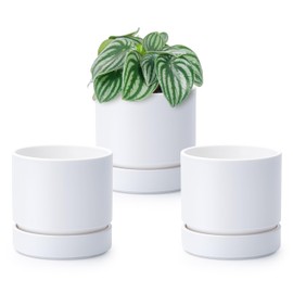 4 Inch Modern Plastic Round Pots for Indoor Houseplants and Herbs, Pack of 3 Planter Pot with Drainage Hole & Saucer, Deep Water Catch Tray, Straight Cylindrical Pot for Plants, Matte White, 23-D-R-1