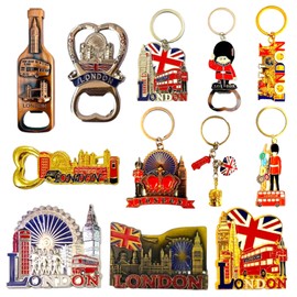 12 London Souvenir Magnets Keyring - Union Jack Magnet Key Chain - 6 England Keyrings - 6 British Fridge Magnets