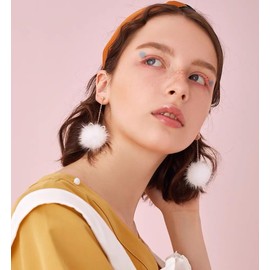 Cute Cat Fur Pom Pom Dangle Drop Earrings Kitten Animal Pet Hairball Gold Chain Tassel Dangling Earring Fashion Jewelry Gifts for Women Christmas Birthday (White)