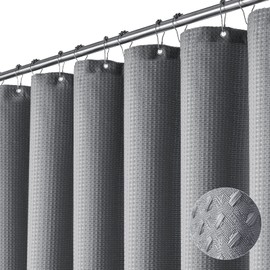 Dynamene Extra Long Shower Curtain,84 Inch Long Grey Waffle Weave Heavy Duty Fabric Bathroom Shower Curtain, Neutral Weighted Hotel Thick Bath Curtain Set with 12 Plastic Hooks,72x84,Grey/Gray
