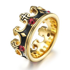 SINLEO Mens Womens Stainless Steel Vintage Royal King Crown Ring Cross Band Ruby Black Gemstone Gold Size 11