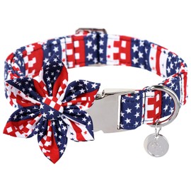 DOGWONG Patriotic Day Dog Collar with Flower - American Flag Dog Collar, 4th of July Dog Bow Collar Heavy Duty Adjustable Patriotic Dog Collar with Bowtie for Small Dogs Pet Gift