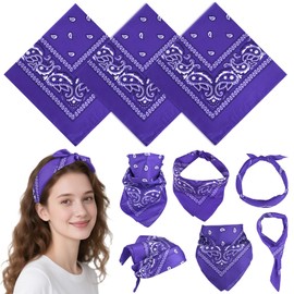 PLULON 3 Pcs Purple Bandanas Bulk 20 x 20 Inch Paisley Pattern for Women Men, Head Scarf Cowboy Bandana Neon Square Handkerchiefs Outdoor Cycling Face Mask Headwear for Boy Girls 100% Polyester