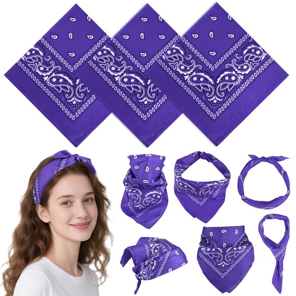 PLULON 3 Pcs Purple Bandanas Bulk 20 x 20 Inch