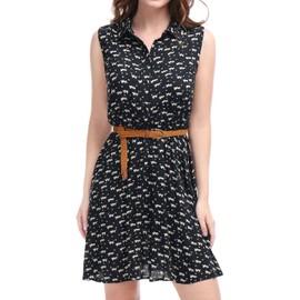 Allegra K Women's Floral Printed Half Placket Above Knee Summer Sleeveless Belted Dress Medium Dark Blue-cat