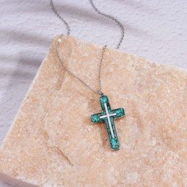 Lauren-Spencer Turquoise Cross Necklace for Women Dainty Simple Cross Necklace Stainless Steel Large Green Turquoise Gemstone Cross Pendant for Women Christian Jewelry Religious Gifts