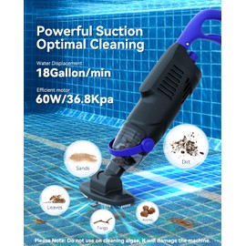 Nichro Pool Vacuum Hot Tub Cleaner 60W Powerful with 18GPM Suction, Cordless Pool Vacuum for Above Ground Pool with 63in Pole, Handheld Spa Vacuum for Hot Tub, Above Ground,1H Running Time