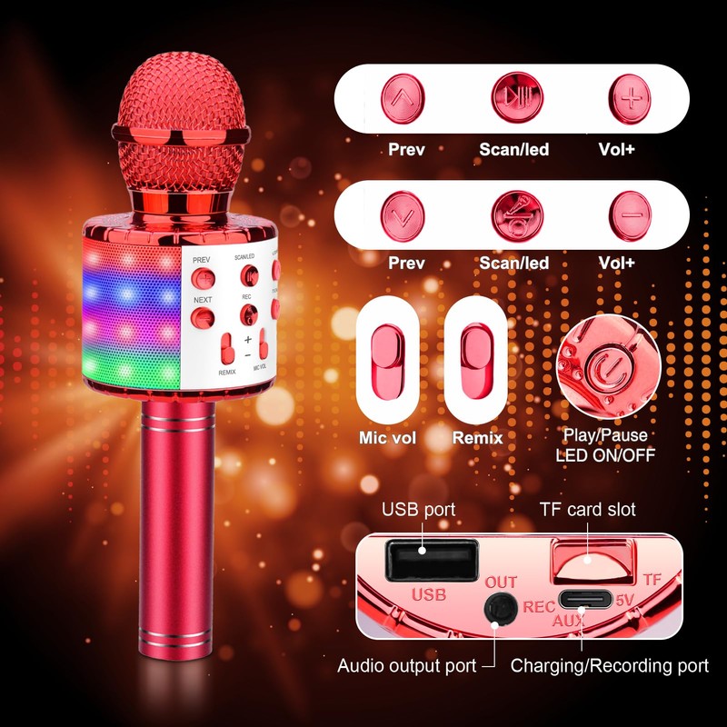 ShinePick Karaoke Microphone, Wireless Bluetooth Microphone Children, Portable 4-in-1 Sing