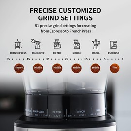 Aligain Stainless Steel Burr Coffee Grinder with 51 Grind Settings，Grind Timer,Electric Coffee Grinder for Espresso/Drip/Pour Over/Cold Brew/French Press Coffee Maker，120V/165W