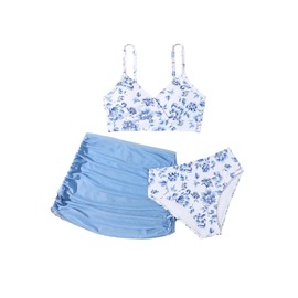 RoseSeek Girl's Swimsuits 3 Piece Floral Spaghetti Strap Wireless Swimwear with Ruched Beach Skirts Bathing Suits Blue and White 14Y