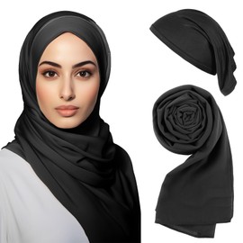 Bunnycool Hijab Scarves and Undercap Set, Chiffon Muslim Head Scarf for Women Islamic Solid Long Shawl Inner Hijab Cap(Black)
