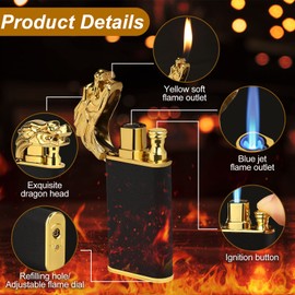 Cool Dragon Dual Flame Lighter - Outdoor Windproof Torch Switchable Soft/Jet Flame - Double Refillable Butane - Creative Gift for Men