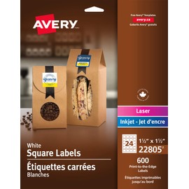 Avery 1.5" x 1.5" Square Labels, for Laser/Inkjet Printers, Print-to-The-Edge, White, Square, 600 Labels, Permanent (22805) Made in Canada